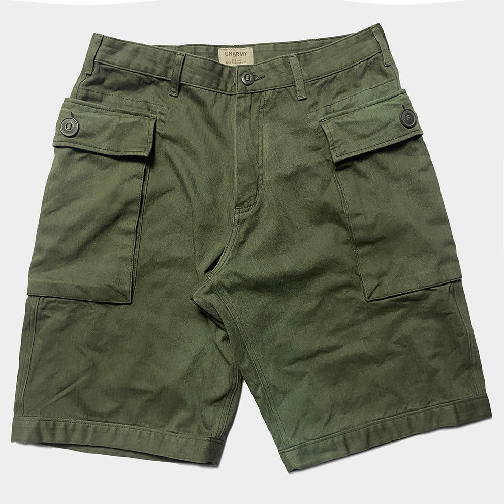 BZEN M.1045 MASH-2 HBT4 REGULAR FIT VEGGIE DYED HERRINGBONE TWILL USMC INSPIRED 12" INSEAM SHORT-7OZ- E0 MOSS GREEN