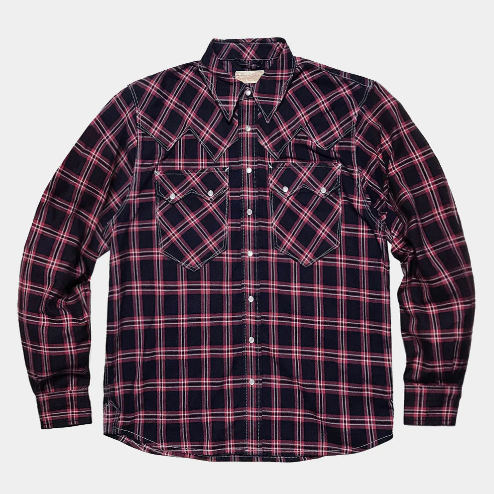 DDL 319R-DIABLO SWT-CR REGULAR FIT 2 POCKET WESTERN INDIGO RED CHECK SHIRT-6.5OZ-E1 INDIGO CHECK