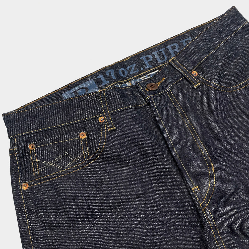 BZEN M.1258LS BILLY-17 5 POCKET SLIM STRAIGHT BUTTON FLY-17OZ-LOOM STATE INDIGO SELVEDGE-RAW INDIGO