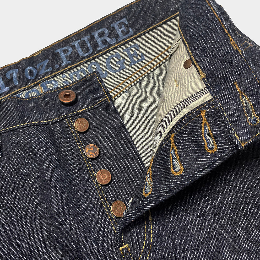 BZEN M.1258LS BILLY-17 5 POCKET SLIM STRAIGHT BUTTON FLY-17OZ-LOOM STATE INDIGO SELVEDGE-RAW INDIGO