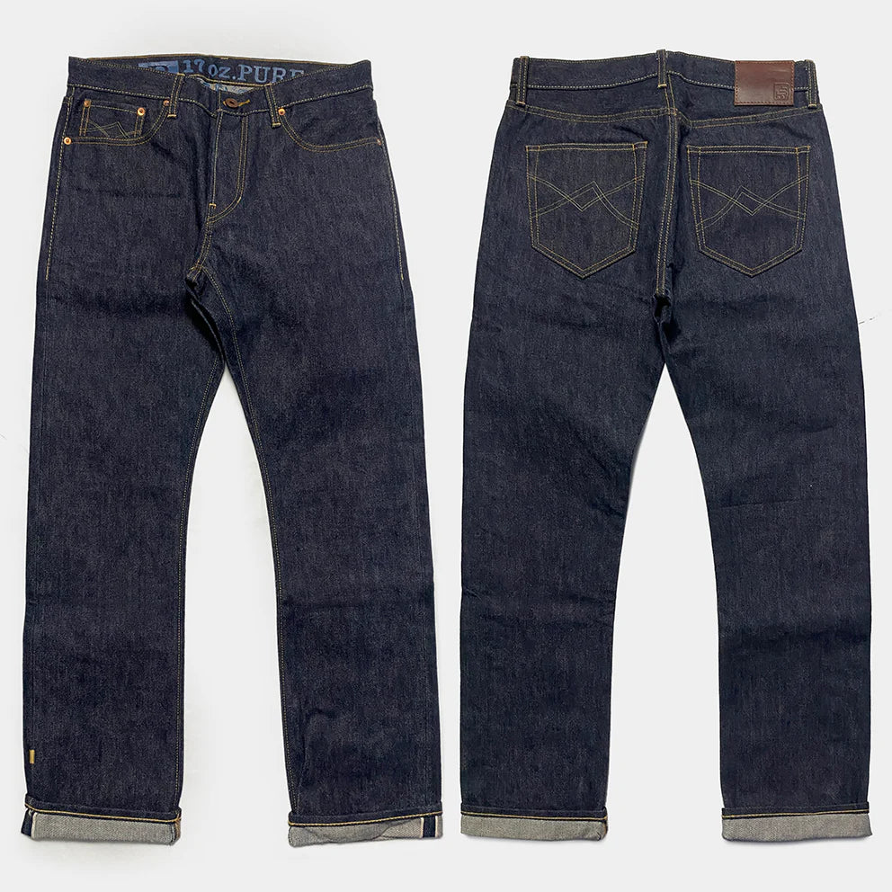 BZEN M.1258LS BILLY-17 5 POCKET SLIM STRAIGHT BUTTON FLY-17OZ-LOOM STATE INDIGO SELVEDGE-RAW INDIGO