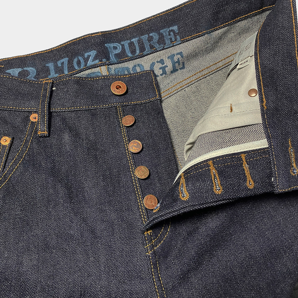 BZEN M.1103LS LAKOTA-17 H18.5 CLASSIC STRAIGHT 5 POCKET BUTTON FLY HORSESHOE BACK POCKET LOOMSTATE INDIGO SELVEDGE-17OZ-RAW INDIGO
