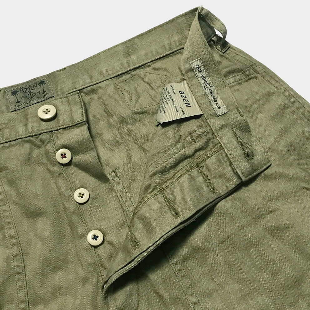 BZEN M.1198 L32-MIDDLEMAST RELAX TAPERED COTTON LINEN NAVAL INSPIRED PANT VEGGIE DYED-9oz-E0 MOSS GREEN
