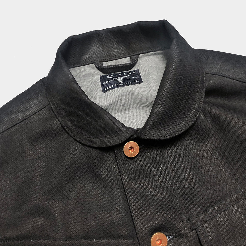 BZEN M.3139RR GARCIA WX REGULAR FIT LINED 4 POCKET WAX BLACK BLUE DENIM JACKET-11.5OZ-WAX BLACK-CAUTION CAN NEVER WASH