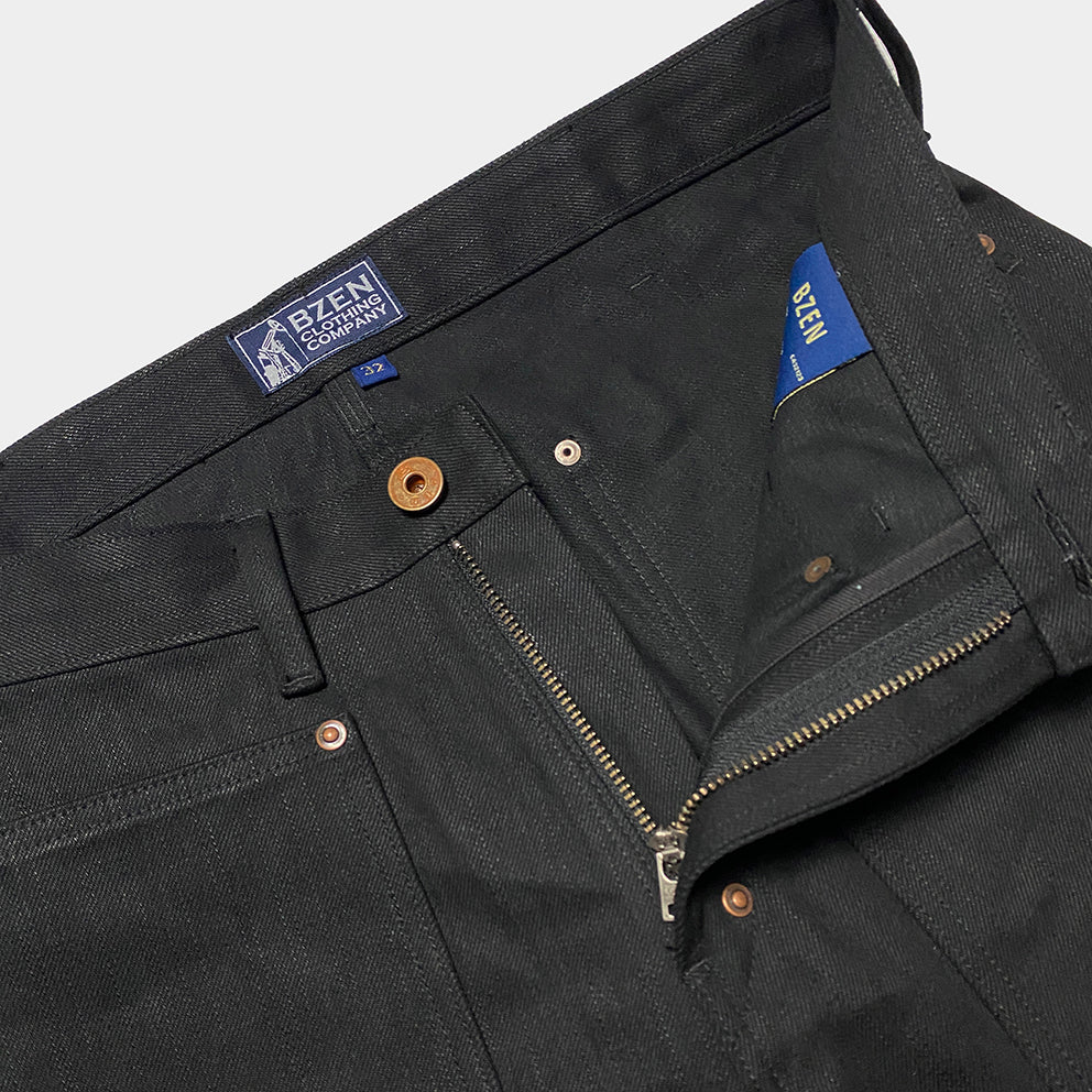 BZEN M.1279 JETHRO-BB DOUBLE PANEL FRONT 6 POCKET SELVEDGE BLACK OVER BLACK DENIM PAINTER JEAN-13.8oz-RAW BLACK BLACK
