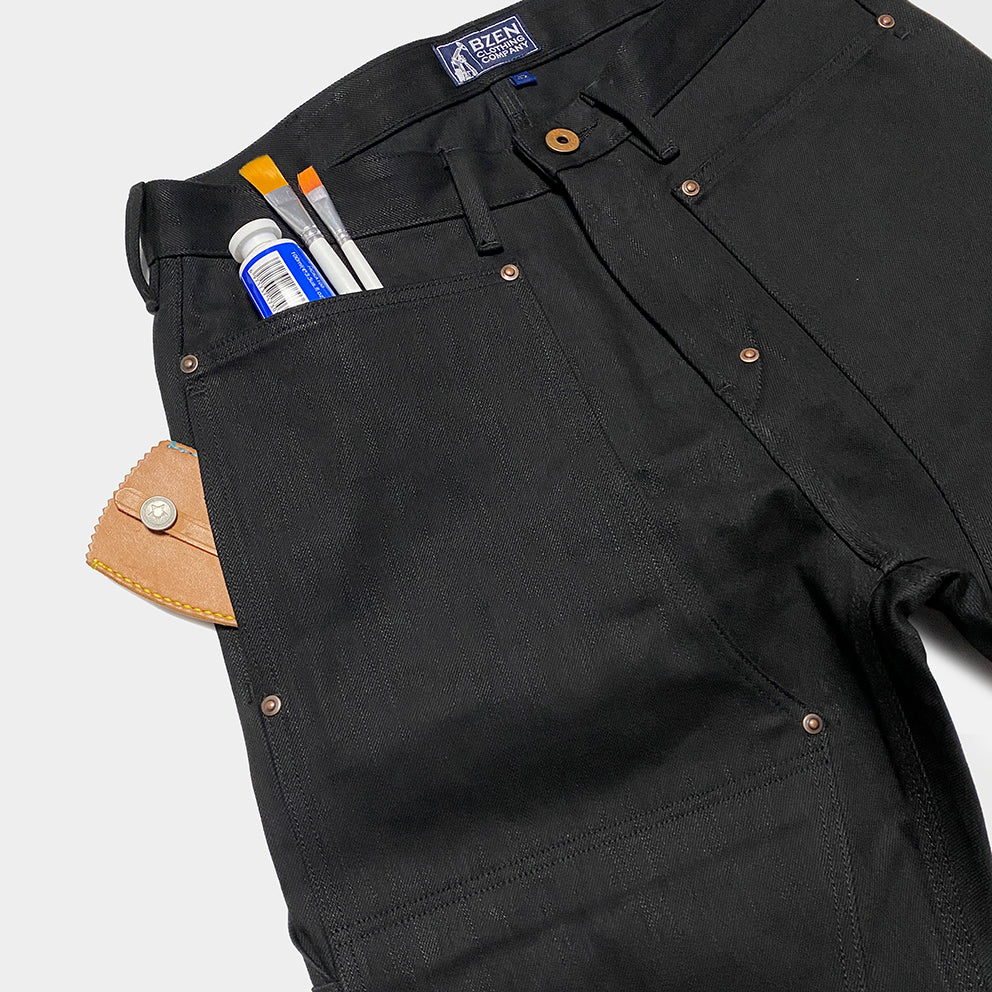 BZEN M.1279 JETHRO-BB DOUBLE PANEL FRONT 6 POCKET SELVEDGE BLACK OVER BLACK DENIM PAINTER JEAN-13.8oz-RAW BLACK BLACK