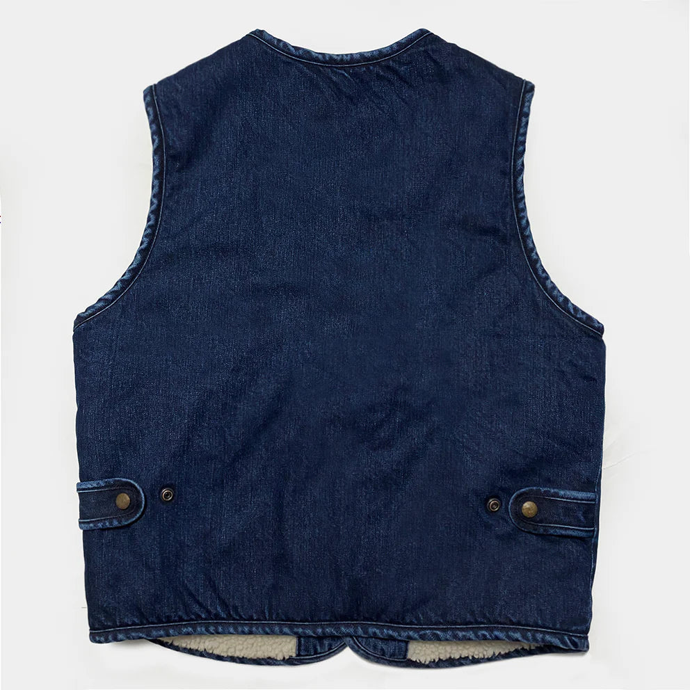 BZEN M.3203RR SILAS-DT2 REGULAR FIT 4 POCKET ROUND NECK INDIGO DENIM VEST WITH SHERPA LINING-12OZ-T2 INDIGO
