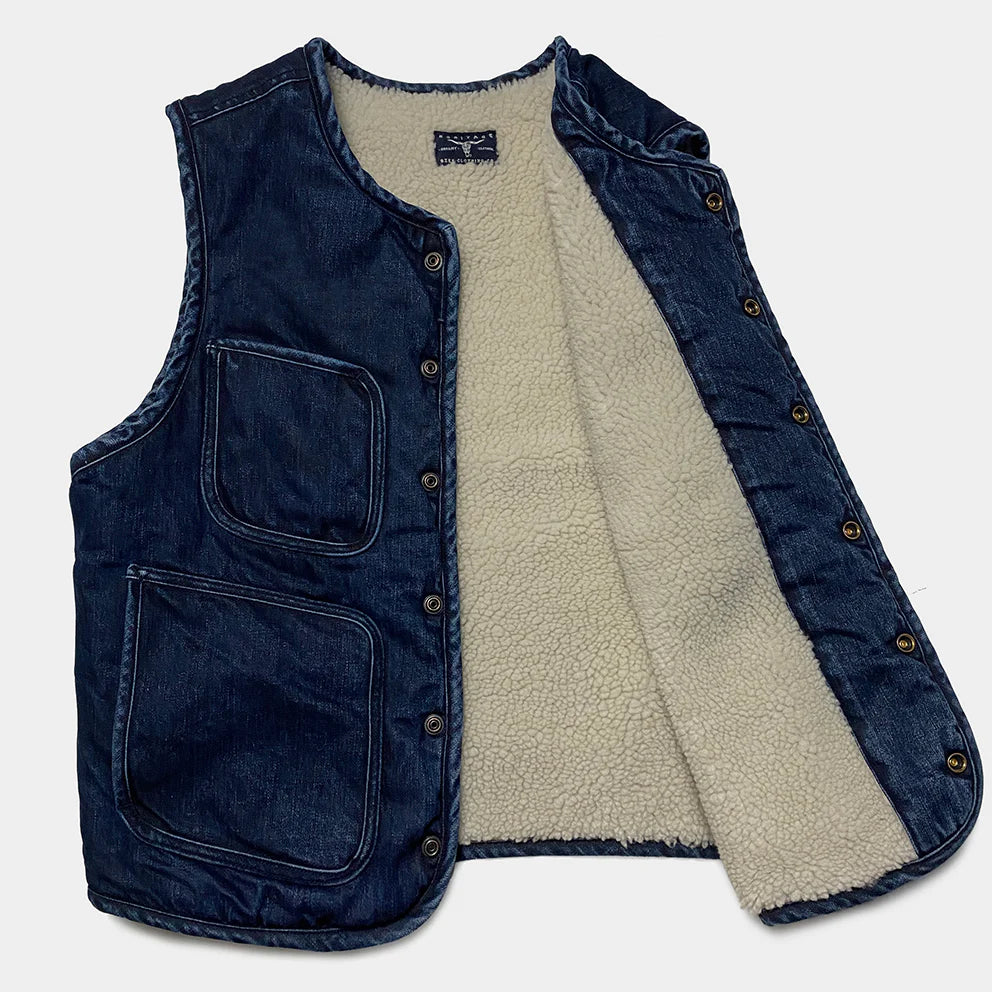 BZEN M.3203RR SILAS-DT2 REGULAR FIT 4 POCKET ROUND NECK INDIGO DENIM VEST WITH SHERPA LINING-12OZ-T2 INDIGO