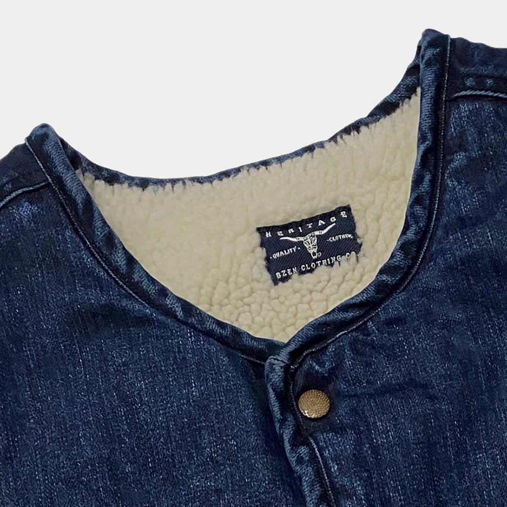 BZEN M.3203RR SILAS-DT2 REGULAR FIT 4 POCKET ROUND NECK INDIGO DENIM VEST WITH SHERPA LINING-12OZ-T2 INDIGO