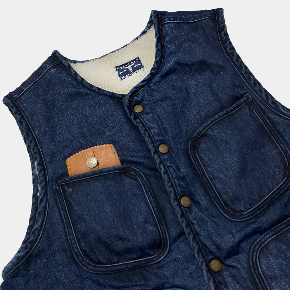 BZEN M.3203RR SILAS-DT2 REGULAR FIT 4 POCKET ROUND NECK INDIGO DENIM VEST WITH SHERPA LINING-12OZ-T2 INDIGO