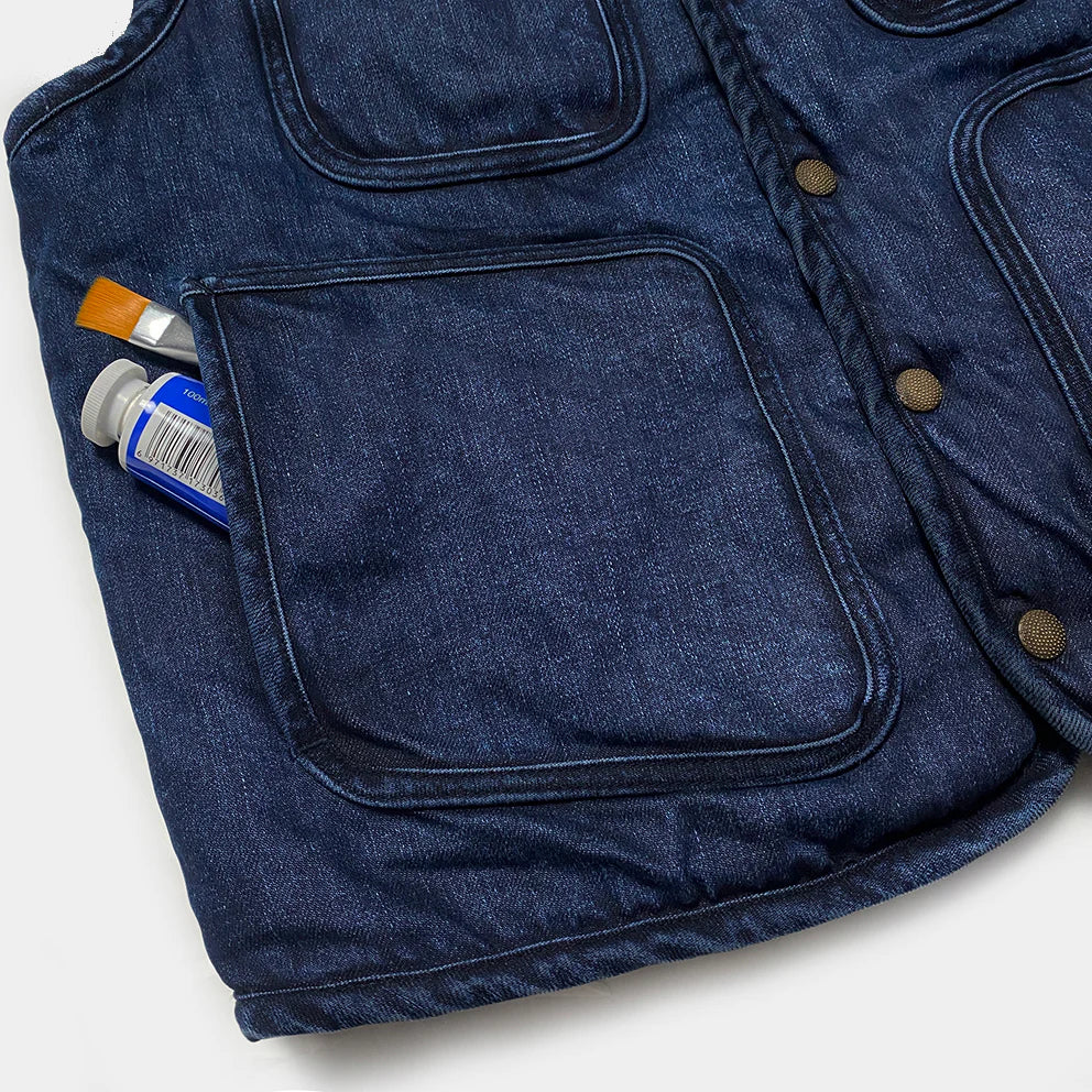 BZEN M.3203RR SILAS-DT2 REGULAR FIT 4 POCKET ROUND NECK INDIGO DENIM VEST WITH SHERPA LINING-12OZ-T2 INDIGO