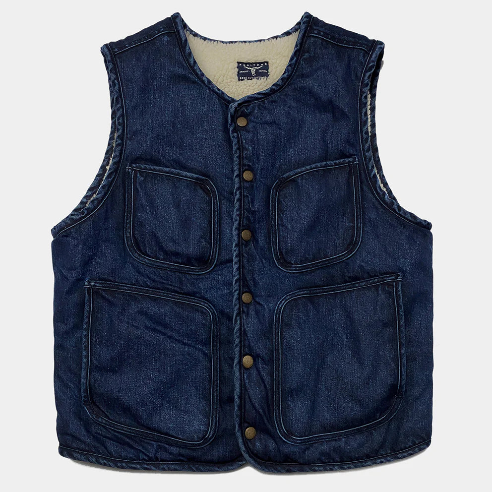 BZEN M.3203RR SILAS-DT2 REGULAR FIT 4 POCKET ROUND NECK INDIGO DENIM VEST WITH SHERPA LINING-12OZ-T2 INDIGO