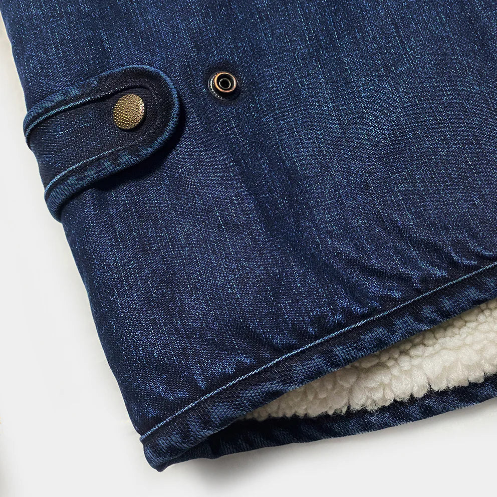 BZEN M.3203RR SILAS-DT2 REGULAR FIT 4 POCKET ROUND NECK INDIGO DENIM VEST WITH SHERPA LINING-12OZ-T2 INDIGO