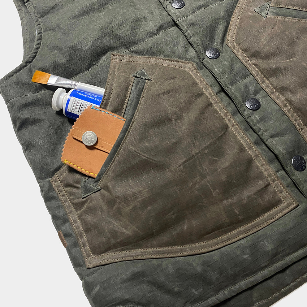 BZEN M.3009 CARLOS-WXK REGULAR FIT 4 POCKET WAXED RIP STOP QUILTED VEST-6OZ-WAX KHAKI CAUTION:DO NOT WASH