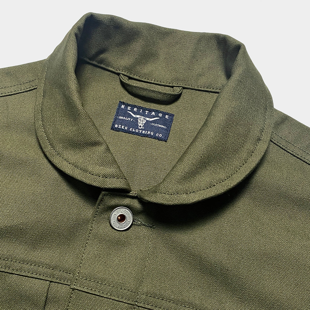 BZEN M.3139RR WAYLON2-CAG REGULAR FIT ARMY GREEN CANVAS PLEATED FRONT 2 POCKET JACKET-12.5OZ-E0 ARMY GREEN