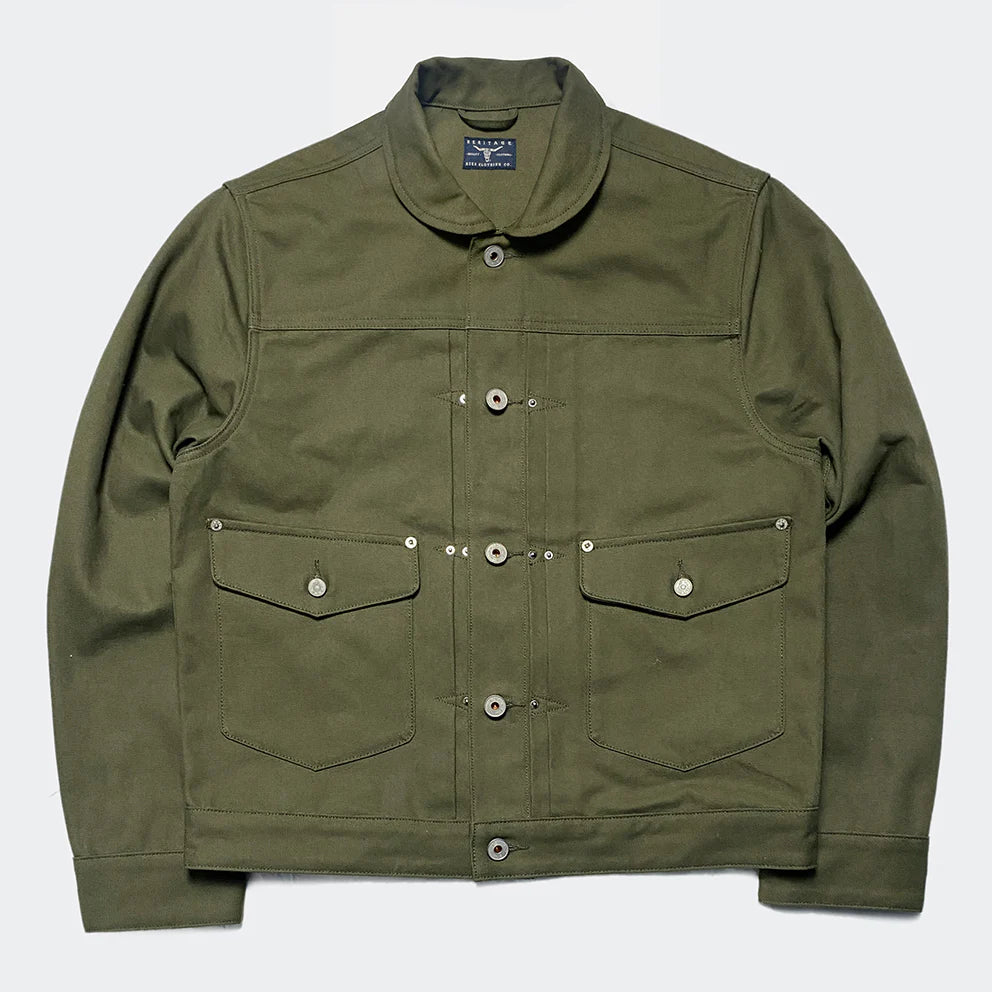 BZEN M.3139RR WAYLON2-CAG REGULAR FIT ARMY GREEN CANVAS PLEATED FRONT 2 POCKET JACKET-12.5OZ-E0 ARMY GREEN