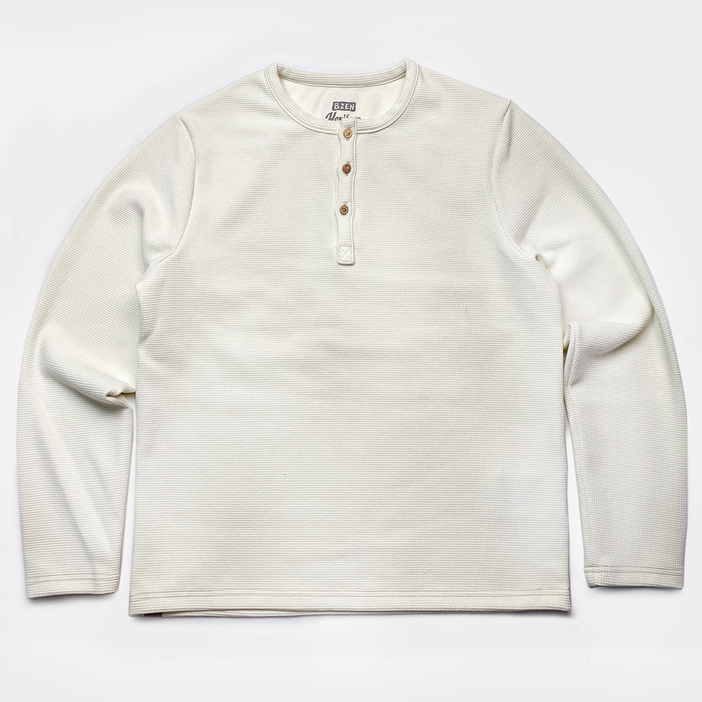 M.3084 MIZUIRO-WN REGULAR FIT LONG SLEEVE WAFFLE KNIT 3 BUTTON HENLEY-410GSM-E0 NATURAL