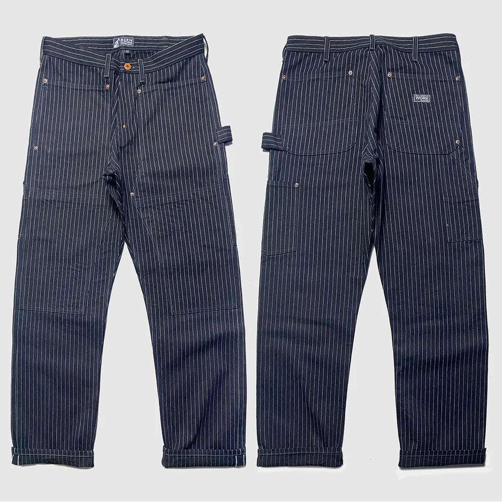 BZEN M.1279 JETHRO-STR DOUBLE PANEL FRONT 6 POCKET SELVEDGE INDIGO STRIPE DENIM PAINTER JEAN-13.8oz-HRH INDIGO STRIPE