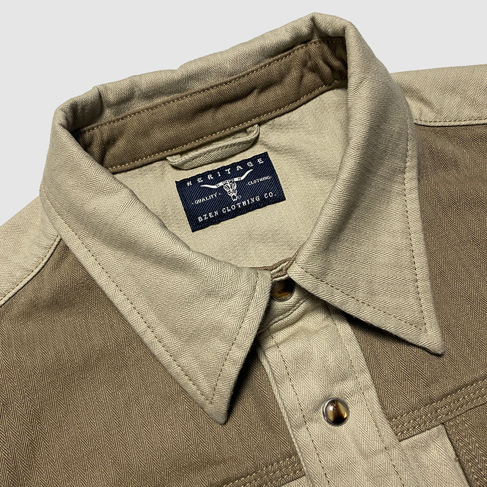 BZEN M3239R JESSE-CBHB REGULAR FIT HBT COLOR BLOCK 2 POCKET SHIRT-6OZ-E0 TAN