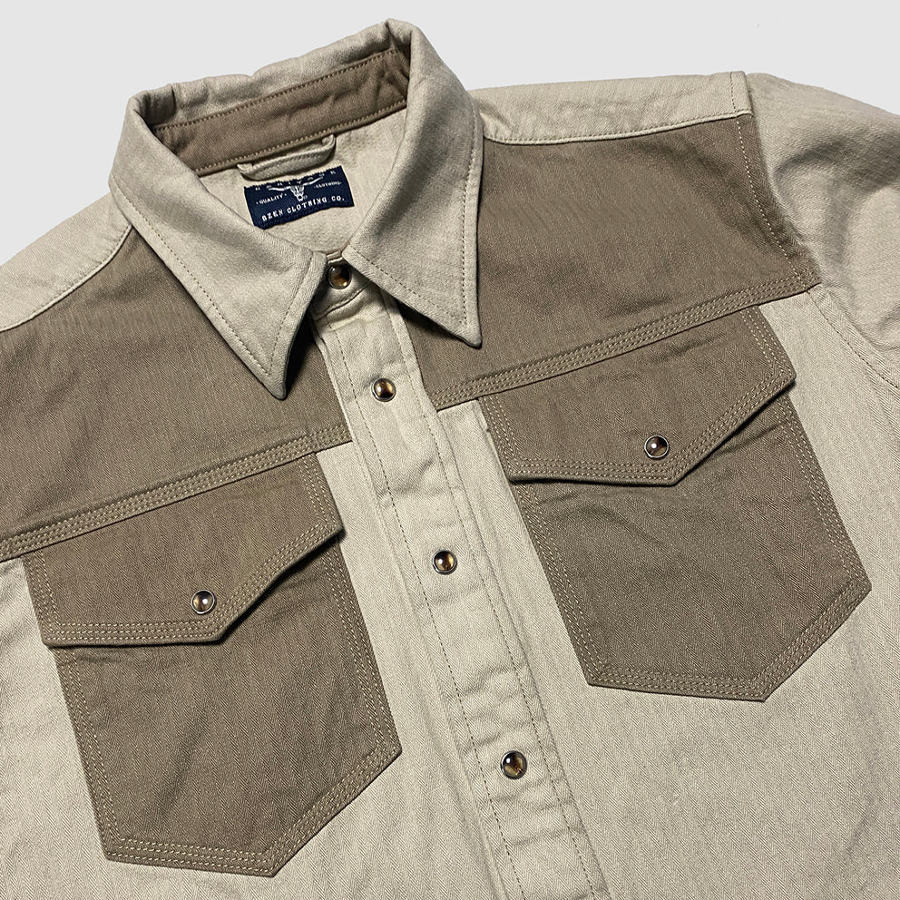 BZEN M3239R JESSE-CBHB REGULAR FIT HBT COLOR BLOCK 2 POCKET SHIRT-6OZ-E0 TAN
