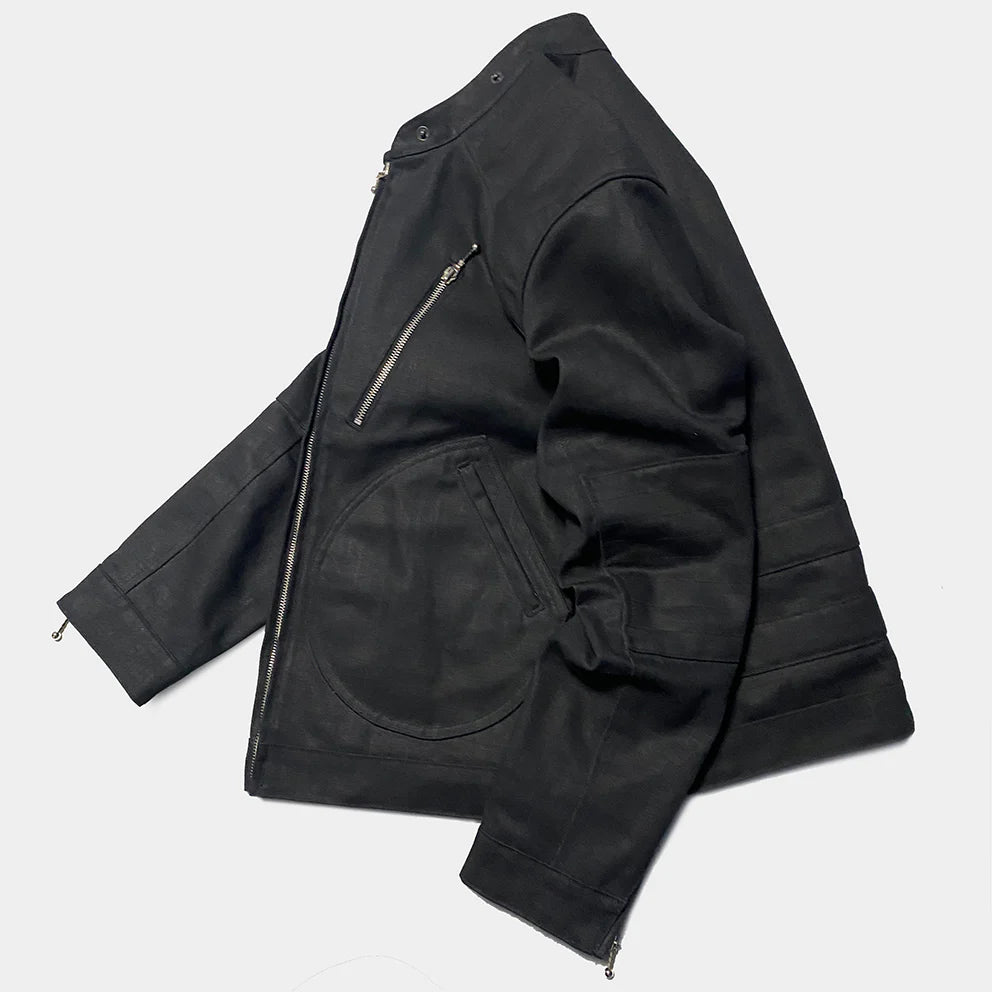 BZEN M.3028 McQUEEN WX REGULAR FIT WAX DENIM 4 POCKET LINED BIKER JACKET-11.5OZ-WAX BLACK CAUTION:CAN NEVER WASH