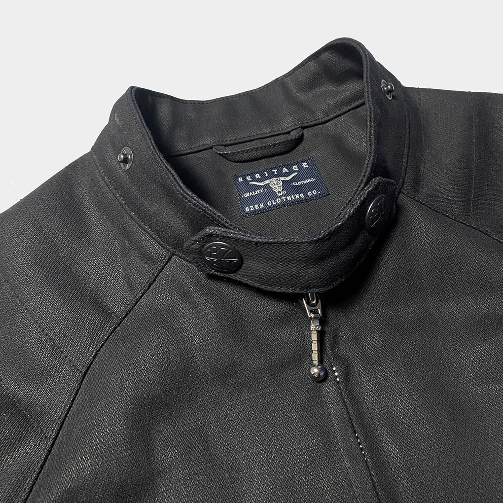 BZEN M.3028 McQUEEN WX REGULAR FIT WAX DENIM 4 POCKET LINED BIKER JACKET-11.5OZ-WAX BLACK CAUTION:CAN NEVER WASH
