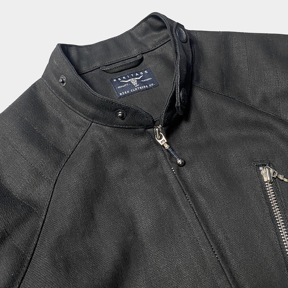 BZEN M.3028 McQUEEN WX REGULAR FIT WAX DENIM 4 POCKET LINED BIKER JACKET-11.5OZ-WAX BLACK CAUTION:CAN NEVER WASH