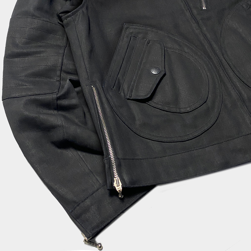 BZEN M.3028 McQUEEN WX REGULAR FIT WAX DENIM 4 POCKET LINED BIKER JACKET-11.5OZ-WAX BLACK CAUTION:CAN NEVER WASH