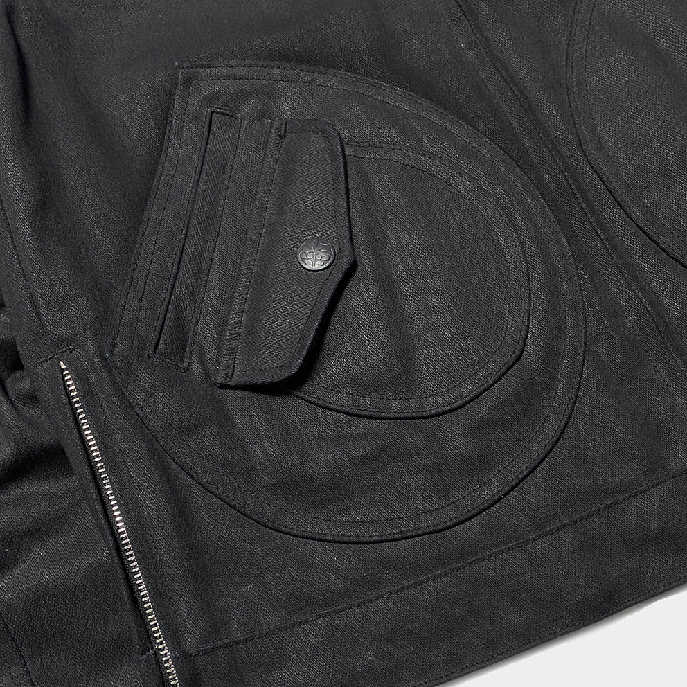 BZEN M.3028 McQUEEN WX REGULAR FIT WAX DENIM 4 POCKET LINED BIKER JACKET-11.5OZ-WAX BLACK CAUTION:CAN NEVER WASH