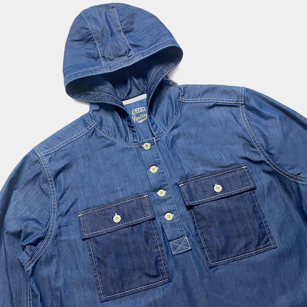 BZEN M.3016 AO2-2P REGULAR FIT 4 BUTTON SMOCK HOODIE COTTON TENCEL WITH 2 FLAP POCKET SHIRT-6OZ-E0 INDIGO