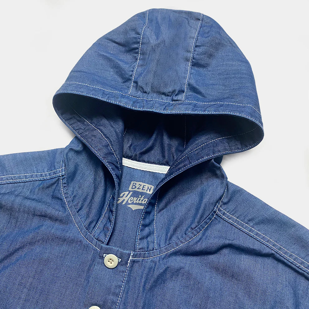 BZEN M.3016 AO2-2P REGULAR FIT 4 BUTTON SMOCK HOODIE COTTON TENCEL WITH 2 FLAP POCKET SHIRT-6OZ-E0 INDIGO