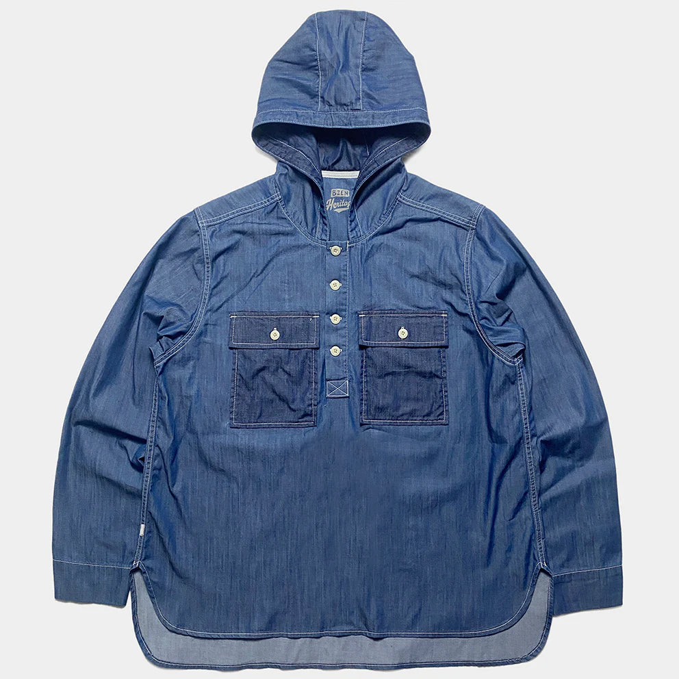 BZEN M.3016 AO2-2P REGULAR FIT 4 BUTTON SMOCK HOODIE COTTON TENCEL WITH 2 FLAP POCKET SHIRT-6OZ-E0 INDIGO