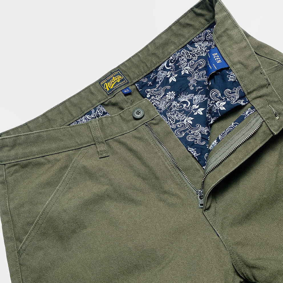 BZEN M.1136 RORY-CAG RELAX FIT FLAT FRONT 4 POCKET CANVAS PANT-12OZ-ARMY GREEN