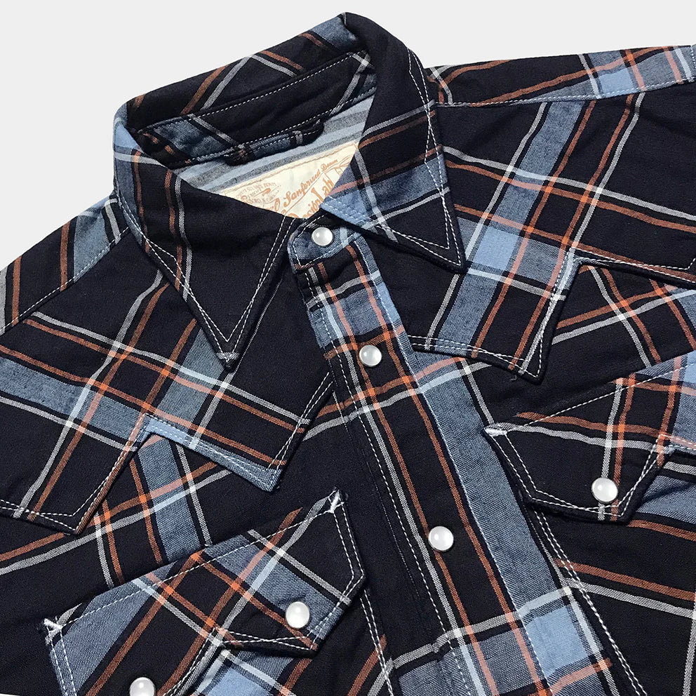 DDL 319R-DIABLO SWT-CBI REGULAR FIT 2 POCKET WESTERN INDIGO CHECK SHIRT-5.5OZ-E1 INDIGO CHECK