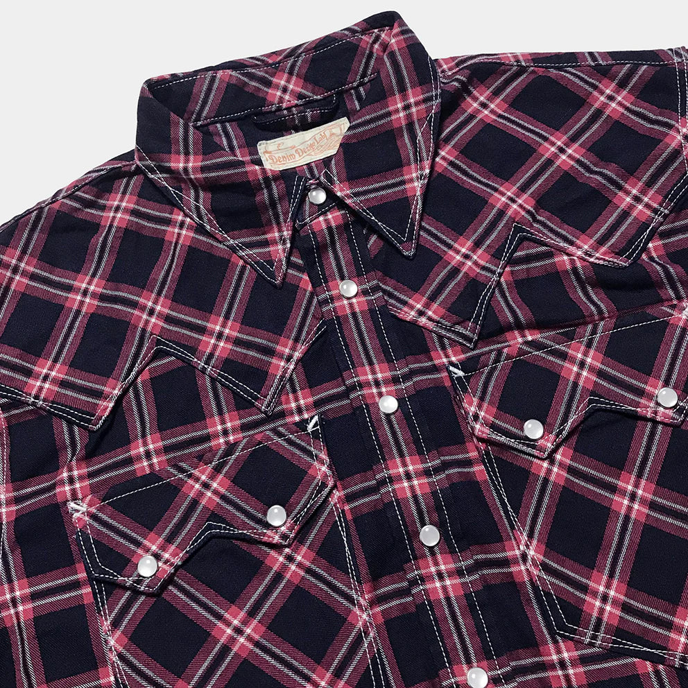 DDL 319R-DIABLO SWT-CR REGULAR FIT 2 POCKET WESTERN INDIGO RED CHECK SHIRT-6.5OZ-E1 INDIGO CHECK