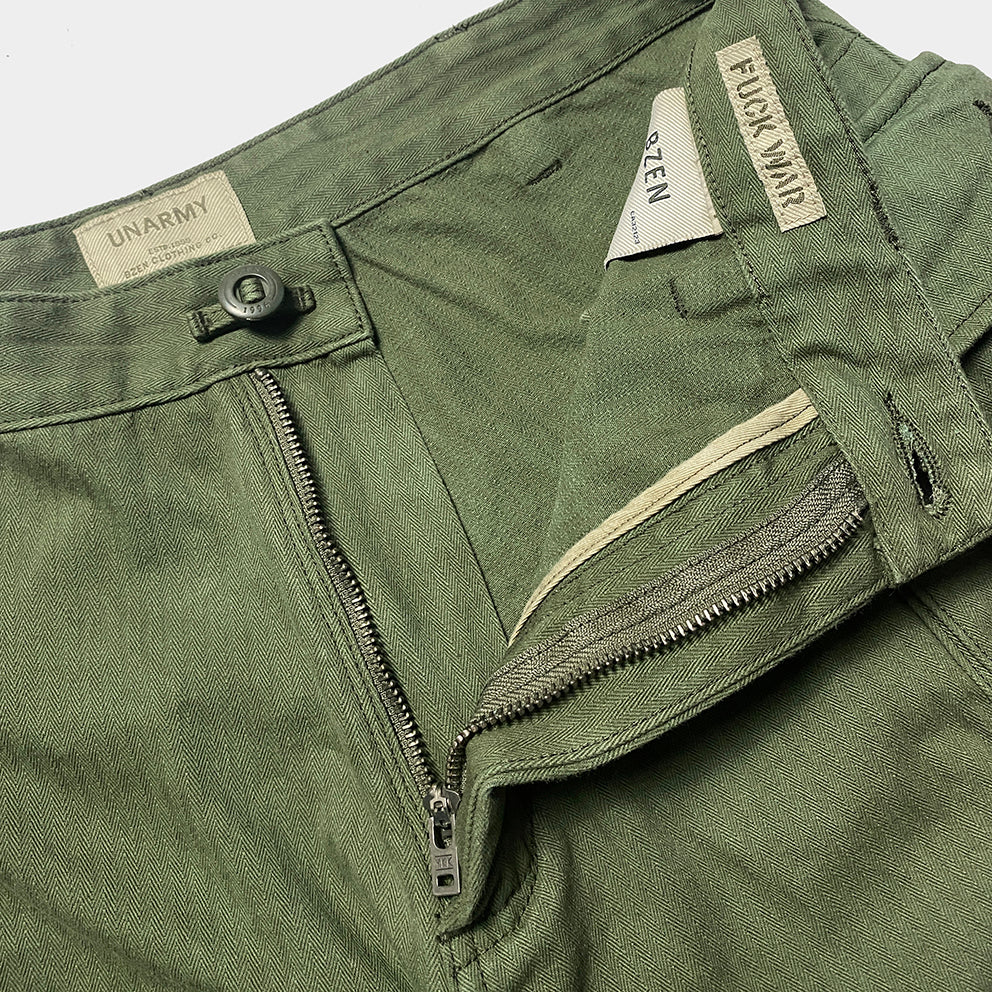 BZEN M.1045 MASH-2 HBT4 REGULAR FIT VEGGIE DYED HERRINGBONE TWILL USMC INSPIRED 12" INSEAM SHORT-7OZ- E0 MOSS GREEN