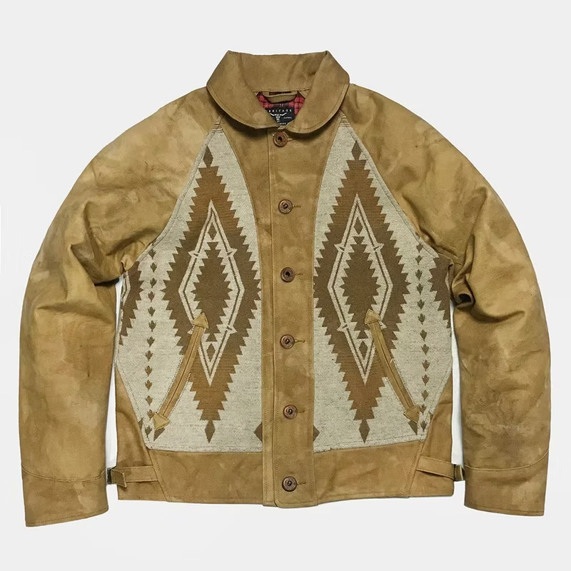 BZEN M.3003R-SANTANA-NBL REGULAR FIT RAGLAN SLEEVE NATIVE AMERICAN MOTIF BLANKET PANEL VEGGIE DYED CANVAS COSSACK JACKET-13.5OZ-E0 GOBI