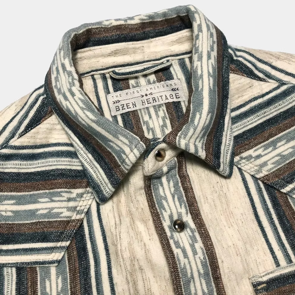 BZEN M.3239R JESSE NAV-SB REGULAR FIT WESTERN SHIRT WITH NATIVE AMERICAN MOTIF JACQUARD WEAVE DESIGN-6OZ-E0 STRIPES