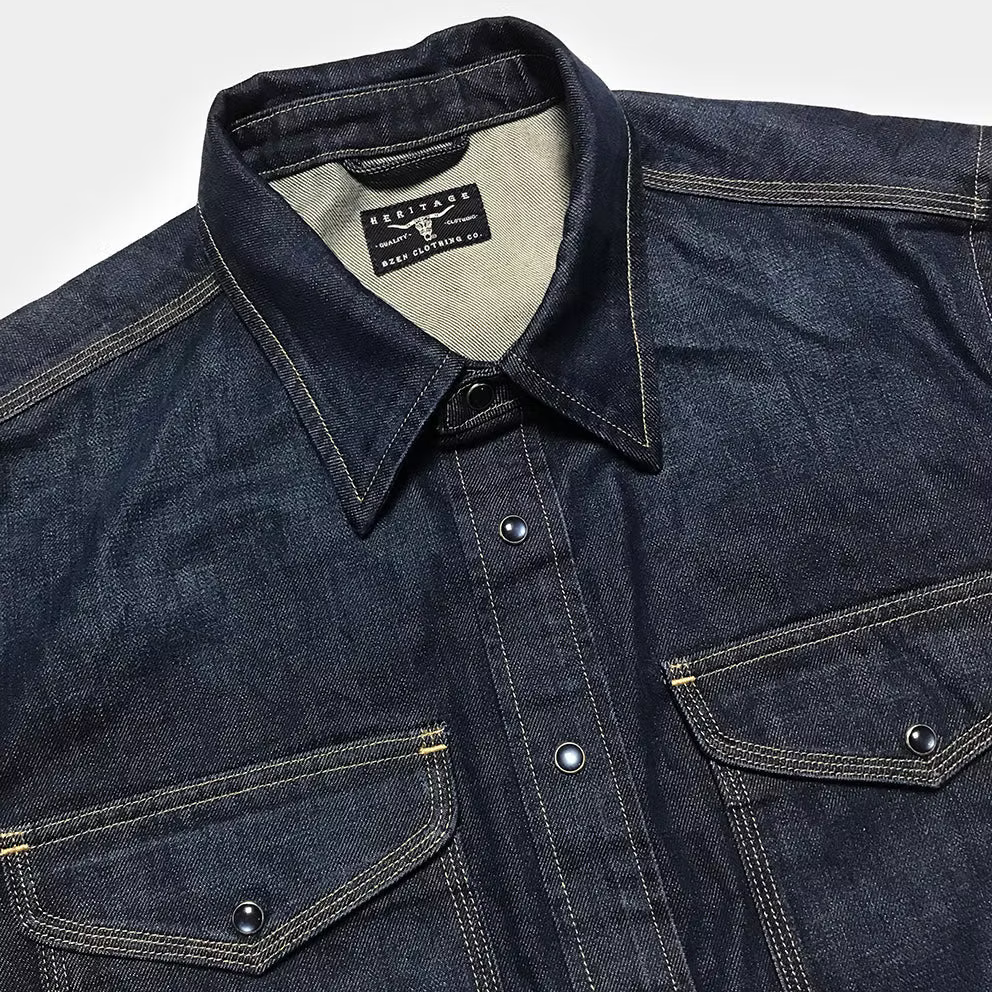BZEN M.3239R-JESSE-TRIPLE REGULAR FIT TRIPLE NEEDLE WESTERN BROWN INDIGO DENIM SHIRT-11.5OZ-E1A 70'S INDIGO