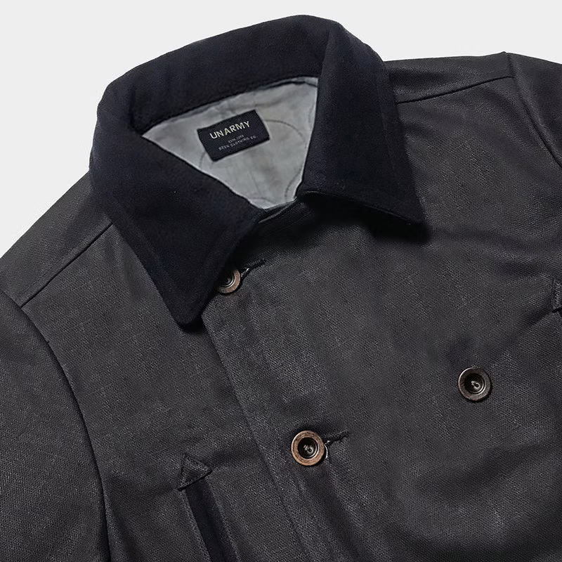 BZEN M.3219R SKULLY-WX30 REGULAR FIT WAXED BLACK OVER BLUE DENIM LINED 30" LENGTH PEA COAT-11.5OZ-WAX BLACK- CAUTION CAN NEVER WASH