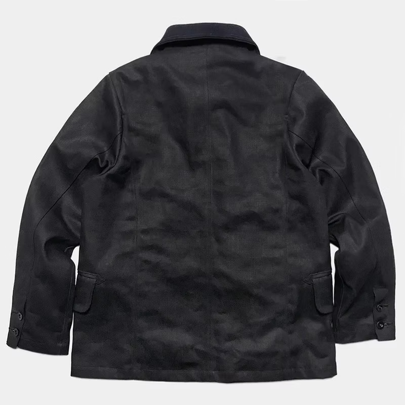 BZEN M.3219R SKULLY-WX30 REGULAR FIT WAXED BLACK OVER BLUE DENIM LINED 30" LENGTH PEA COAT-11.5OZ-WAX BLACK- CAUTION CAN NEVER WASH