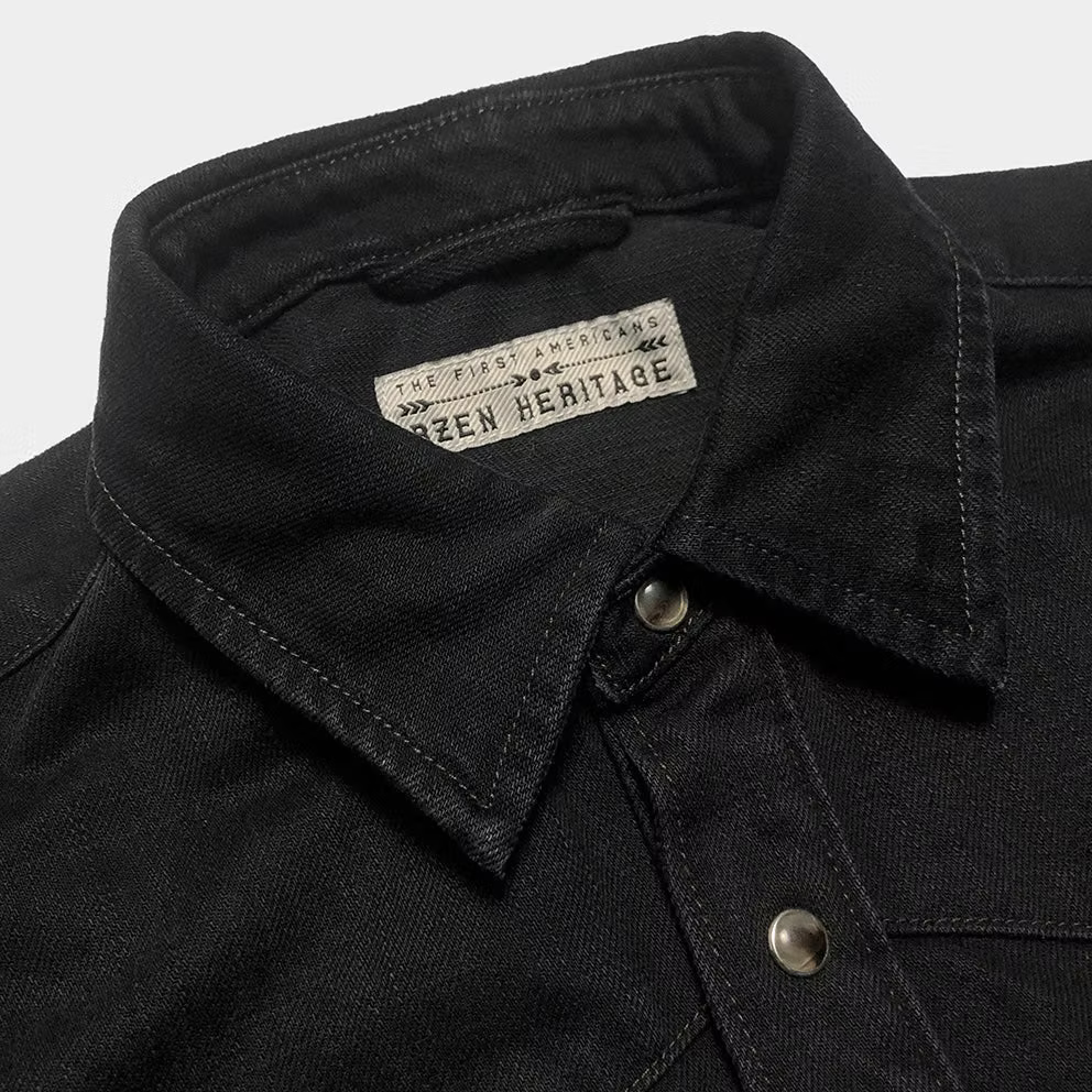 BZEN M.3239R JESSE NAV-BG REGULAR FIT BLACK DENIM WESTERN SHIRT WITH NATIVE AMERICAN MOTIF EMBROIDERY-12OZ-E1 BLACK