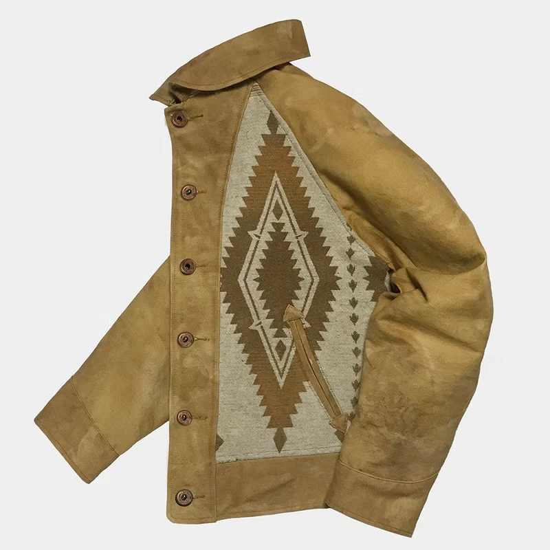 BZEN M.3003R-SANTANA-NBL REGULAR FIT RAGLAN SLEEVE NATIVE AMERICAN MOTIF BLANKET PANEL VEGGIE DYED CANVAS COSSACK JACKET-13.5OZ-E0 GOBI
