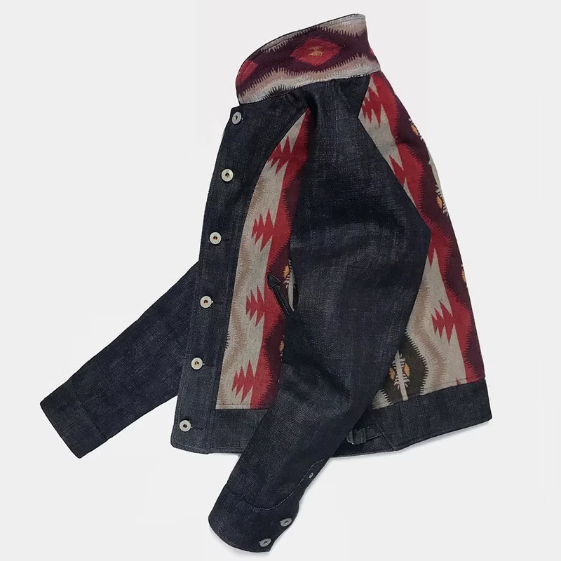 BZEN M.3003R-SANTANA-NR REGULAR FIT RAGLAN SLEEVE NATIVE AMERICAN MOTIF BLANKET PANEL SLUB DENIM COSSACK JACKET-14.5OZ-HRH INDIGO