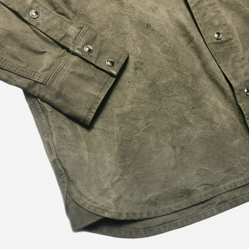 BZEN M.3239R-JESSE-TRIPLE REGULAR FIT TRIPLE NEEDLE WESTERN VEGGIE DYED CANVAS SHIRT-12OZ-E0 MOSS GREEN