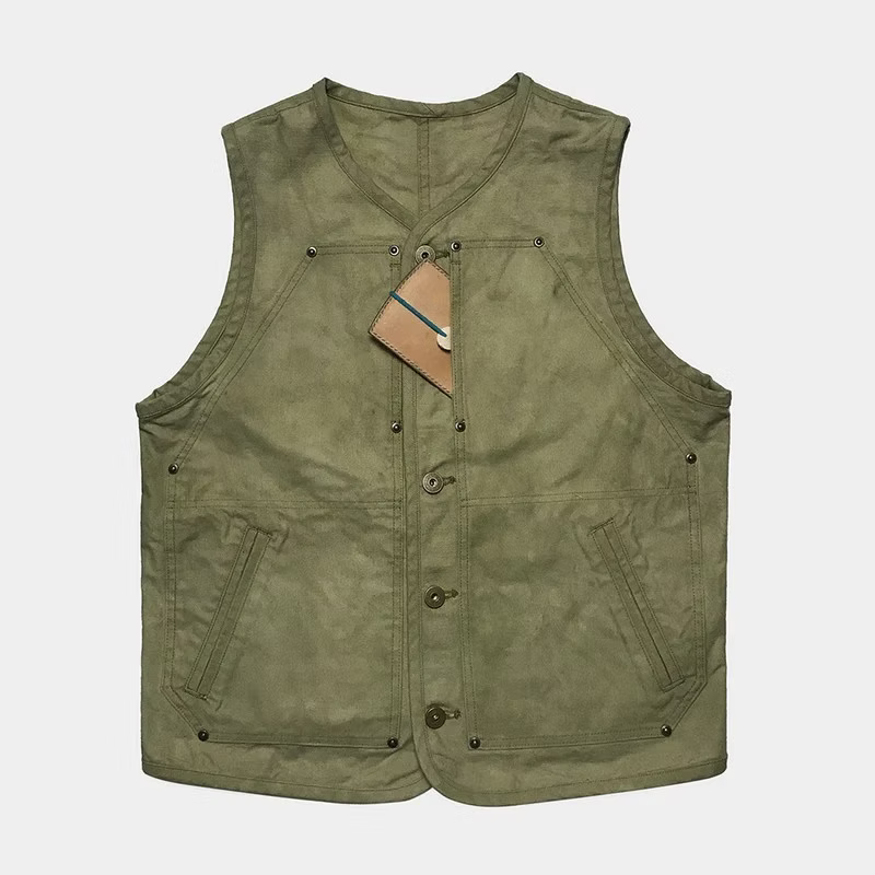 BZEN M.3193-SANCHEZ REGULAR FIT DOUBLE FRONT PANEL VEGGIE DYED CANVAS VEST-12.5OZ-E0 MOSS GREEN