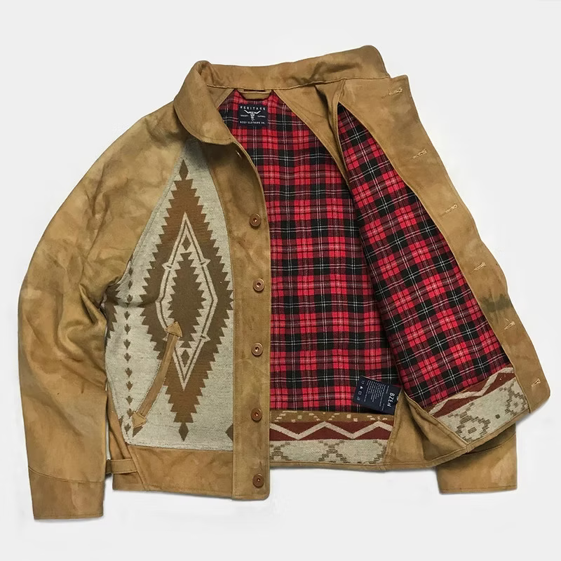 BZEN M.3003R-SANTANA-NBL REGULAR FIT RAGLAN SLEEVE NATIVE AMERICAN MOTIF BLANKET PANEL VEGGIE DYED CANVAS COSSACK JACKET-13.5OZ-E0 GOBI