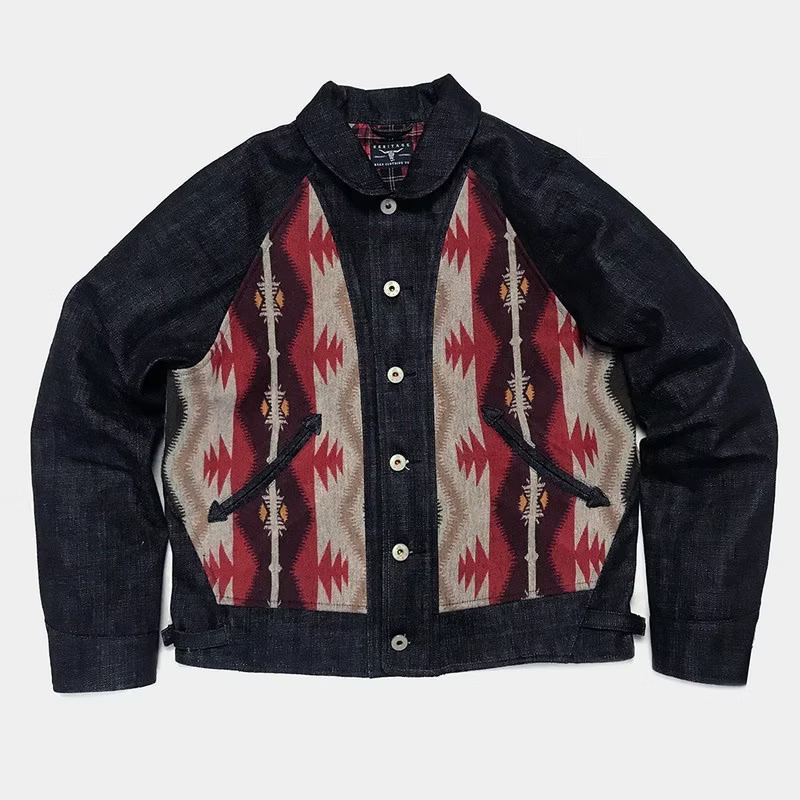 BZEN M.3003R-SANTANA-NR REGULAR FIT RAGLAN SLEEVE NATIVE AMERICAN MOTIF BLANKET PANEL SLUB DENIM COSSACK JACKET-14.5OZ-HRH INDIGO