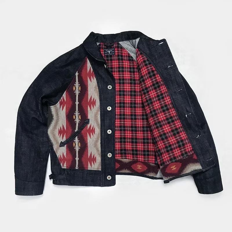 BZEN M.3003R-SANTANA-NR REGULAR FIT RAGLAN SLEEVE NATIVE AMERICAN MOTIF BLANKET PANEL SLUB DENIM COSSACK JACKET-14.5OZ-HRH INDIGO