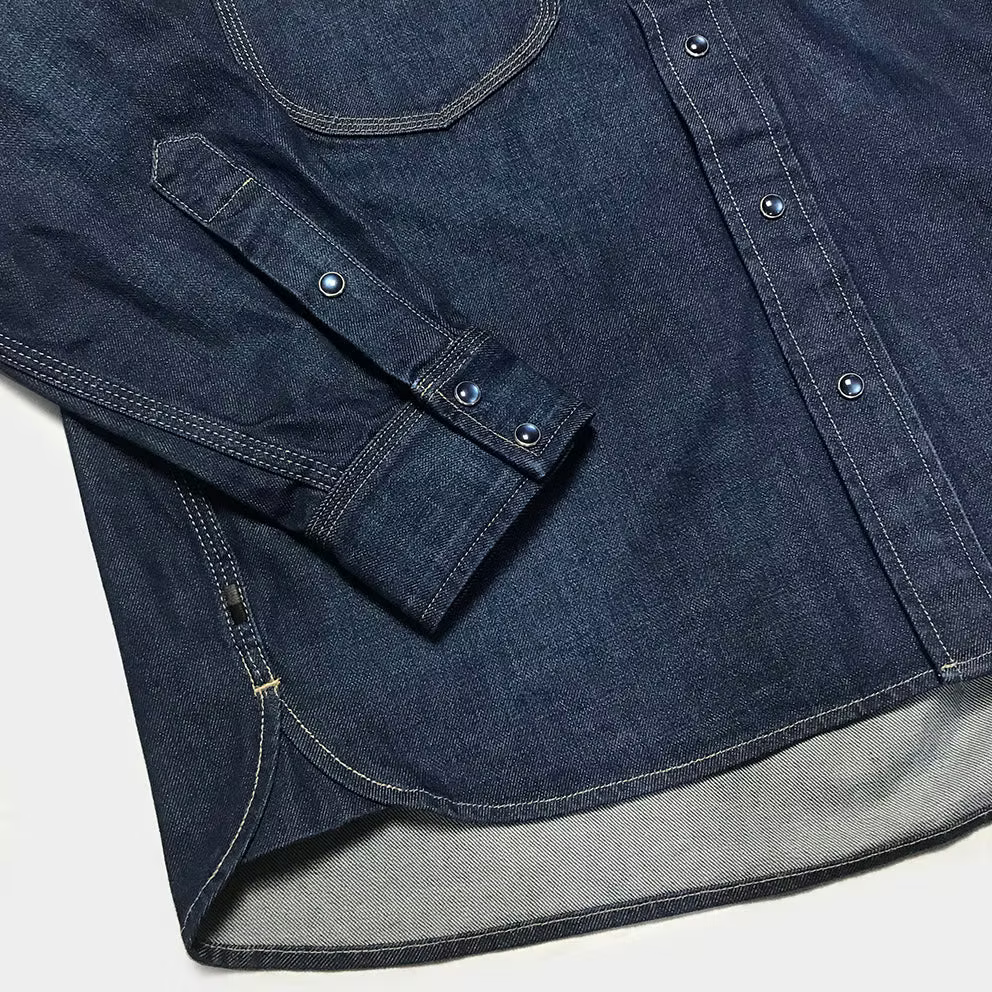 BZEN M.3239R-JESSE-TRIPLE REGULAR FIT TRIPLE NEEDLE WESTERN BROWN INDIGO DENIM SHIRT-11.5OZ-E1A 70'S INDIGO